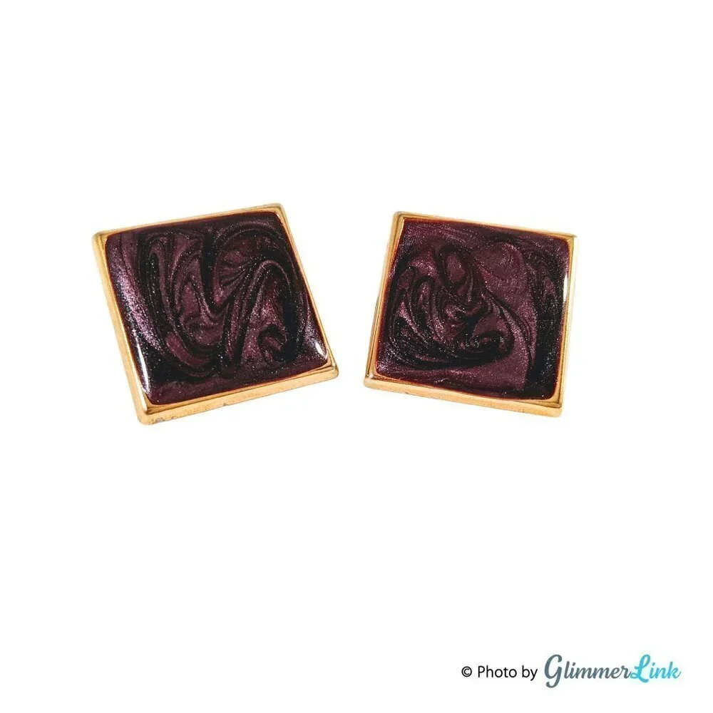 Vintage 1980s Geometric Square Purple Swirled Enamel Gold Tone Pierced Earrings